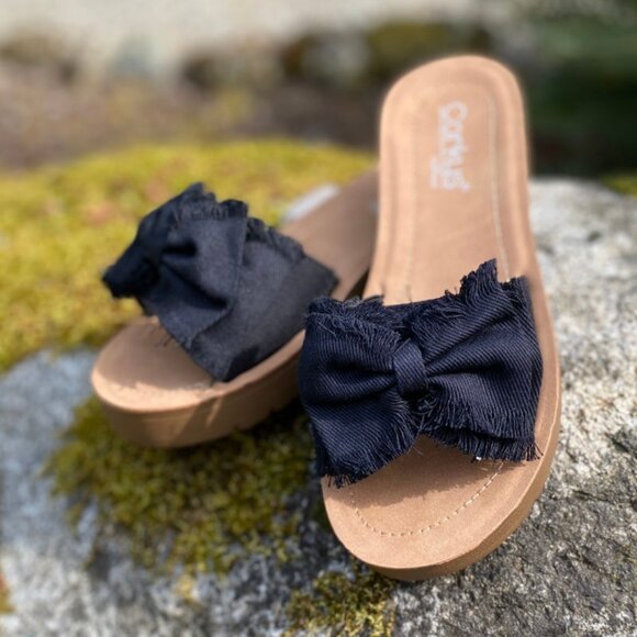 Corkys Spray Tan Sandals in Black Canvas - Picture 5 of 9